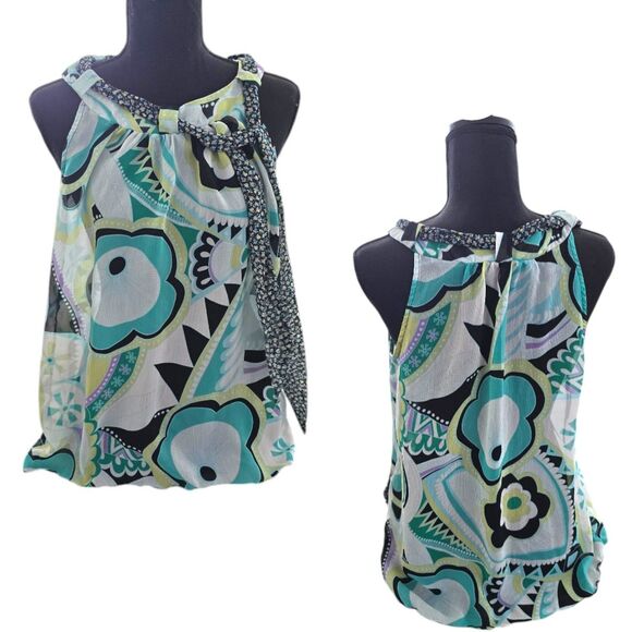 B Wear Sheer Sleeveless Floral Turquoise Black White Blouse Size Large Women's - Picture 1 of 4